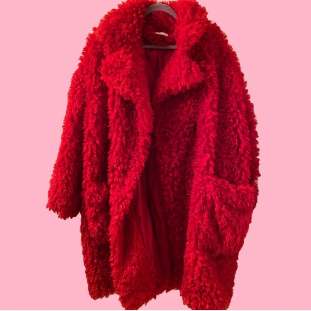 🍄 red topshop big borg teddy fur coat 🍄